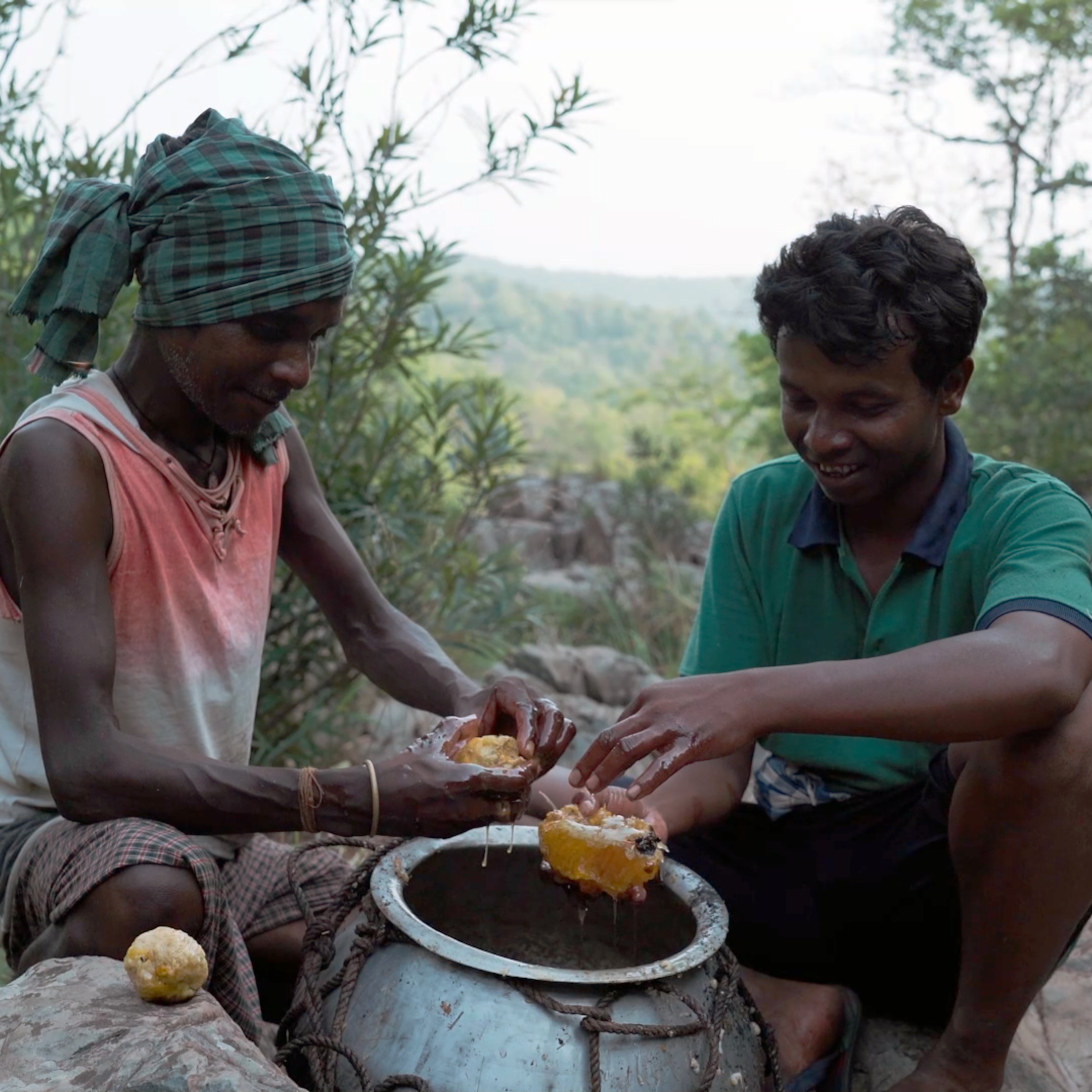 Two Hill Kharia men squeezing honey